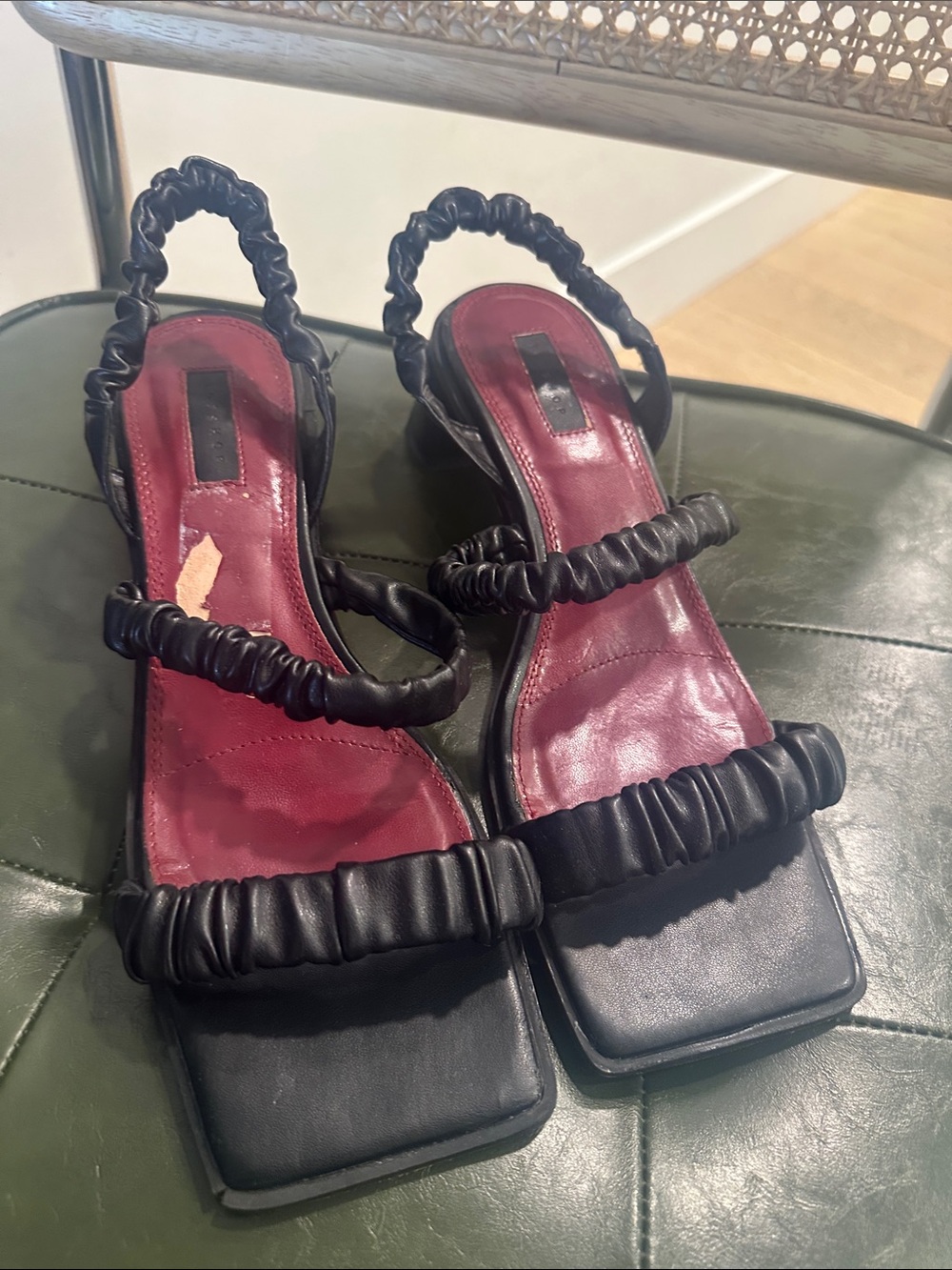 Topshop Black Ruched Strap Block Heel Sandals with Burgundy Insole